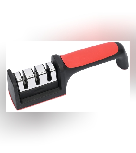 Dispozitiv pentru ascutit cutite Flippy, cu 3 pozitii, rosu/negru, material inox si ABS, 21.5x5x6 cm