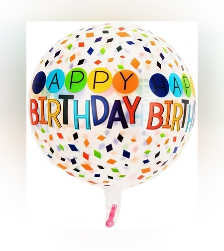 Balon din Folie Metalizata, Flippy, Figurine 4D, Model Happy Birthday, Tematica Aniversara Bombonele, 63x24 cm, Ambalaj Individual, Pai Inclus, Umflare cu Aer sau Heliu, Alb-Multicolor