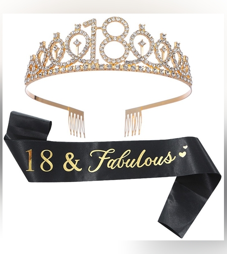 Set 2 Piese pentru Majorat, Flippy, 15 x 13 x 5 cm, Coronita Printesa Gold si Panglica 18&Fabulous, Negru