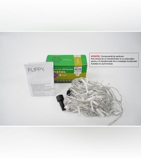 Sectiune Instalatie de Craciun Flippy Tip Perdea, 8 jocuri de lumini, 1x1 m, 60 LED-uri, Interconectabila, Fir Transparent, Alb Cald