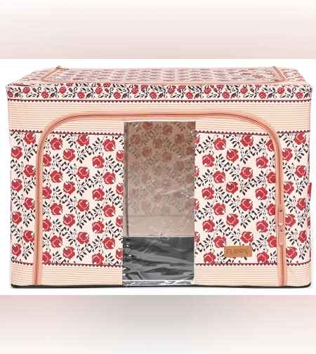 Cutie de Depozitare Pliabila, Flippy, 66 L din Bumbac si In, 52 x 42 x 39 cm, Fereastra Frontala, 2 Usi de Acces cu Fermoar Bidirectional, Cadru Metalic, Suport Baza Stabil din Plastic, Motiv Traditional Model 7
