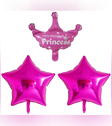 Set 3 Baloane din Folie Metalizata, Flippy, Figurine Coroana si Stea, Model Aniversare, 40 cm, Ambalaj Individual, Pai Inclus, Umflare cu Aer sau Heliu, Roz