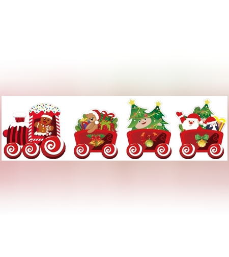 Decoratiune de Craciun, Flippy, pentru Gradina, Tip Trenulet, 4 Figurine + Bete de Infipt in Pamant, din Plastic, Impermeabil, Model Tren cu Omul Briosa in Locomotiva, Multicolor