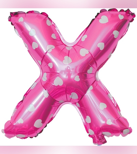 Balon Folie Metalizata Litera X, Flippy, 40 cm, Cu Imprimeu Inimioare, Umflati cu Heliu sau Aer, Ambalaj Individual, Pai inclus, Roz