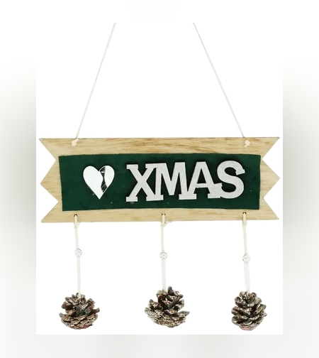 Decoratiune Craciun din Lemn, Flippy, Model Scris Xmas, Conuri Atarnate, cu Inimioara 25x9 cm, pentru Brad sau Usa, Verde/Argintiu