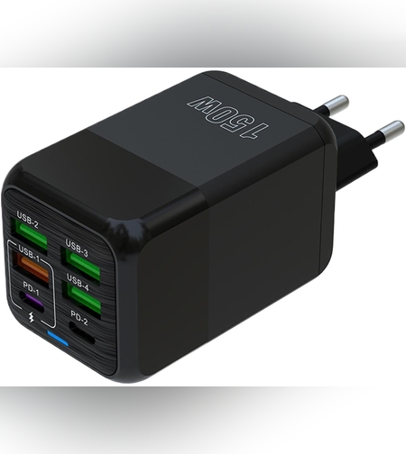 Incarcator Multifunctional, Flippy®, 6 Porturi (2 x PD Type C + 4 USB), 150 W, 5V, 2.4A, Incarcare Rapida, 4.4 x 4.4 x 11 cm, Negru