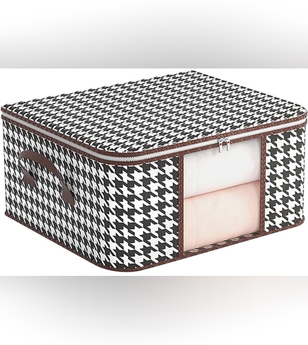 Cutie de Depozitare Pliabila, Flippy, 55x35x25 cm, 50 L, Fereastra Frontala, cu Fermoar Bidirectional, Suport Baza Stabil, Imprimeu in Carouri, Alb/Negru