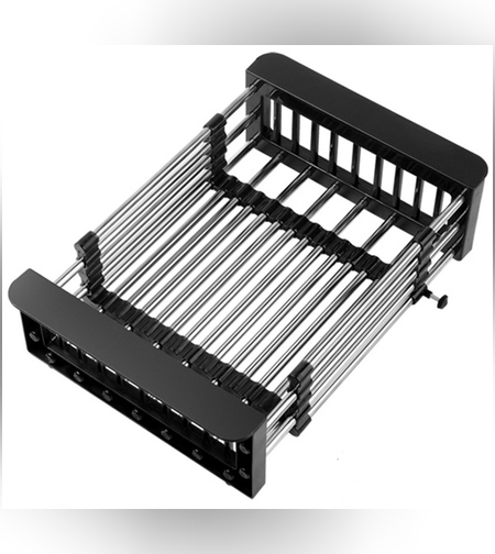 Suport Scurgere Extensibil pentru Bucatarie, Flippy, Uscator Vase din Otel Inoxidabil, Suport Tacamuri si Pahare, Suport pentru Fructe si Legume, 29 x 22 x 9.5 cm Negru