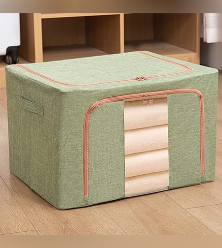 Cutie de Depozitare Pliabila, Flippy, 24 L, din Bumbac si In, 40x30x20 cm, Fereastra Frontala, 2 Usi de Acces cu Fermoar Bidirectional, Cadru Metalic, Suport Baza Stabil din Plastic, Verde