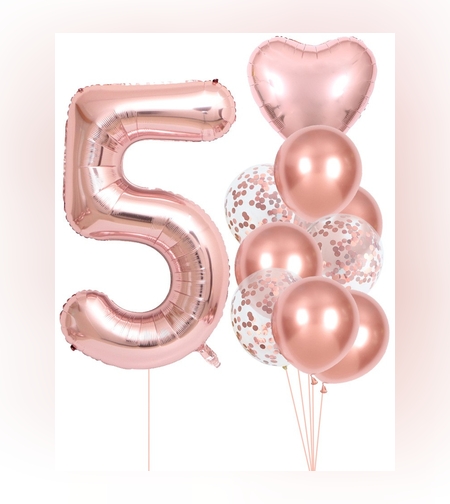 Set 10 Baloane Folie si Latex, Flippy, Tematica Aniversare, Baloane Latex 25cm, Figurina Inimioara 45 cm, Cifra 5 de 81 cm, Ambalaj Individual, Pai Inclus, Umflare cu Aer sau Heliu, Roz Pal