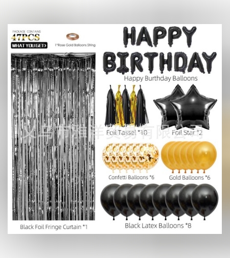 Set 47 baloane, 10 ciucuri, 2 baloane stea folie, 6 baloane latex confetti, 6 baloane galbene latex, 8 baloane negre latex, 1 Perdea Praty Folie, Litere Happy Birthday, Auriu/Negru