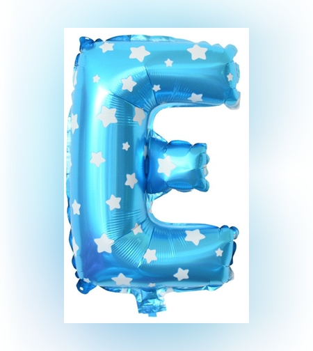Balon Folie Metalizata Litera E, Flippy, 40 cm, Cu Imprimeu Stelute, Umflati cu Heliu sau Aer, Ambalaj Individual, Pai inclus, Albastru