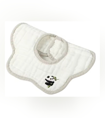 Baveta Tip Floare, Flippy, din Bumbac, pentru Copii 0-12 Luni, Rezistenta la apa, 8 Straturi, Model Tricotat cu Panda, 26 x 29 cm, Alb