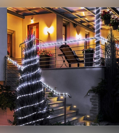 Instalatie luminoasa de Craciun tip furtun luminos, 100 LED-uri, 12 metri lungime, 8 programe, 2 metri prelungitor, sarma din cupru, incarcare solara, alb rece, Flippy