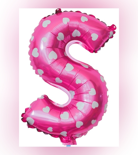 Balon Folie Metalizata Litera S, Flippy, 40 cm, Cu Imprimeu Inimioare, Umflati cu Heliu sau Aer, Ambalaj Individual, Pai inclus, Roz