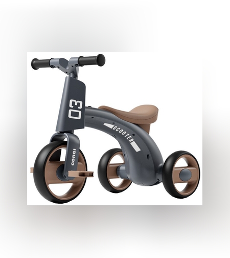 Tricicleta pentru Copii, Flippy, Exercitiu de Echilibru, pentru 1-6 Ani, Functie de Lumini si Sunete, cu Pedale, din Plastic, Roti Gonflabile, Greutate Portanta 60 kg, 57 x 36 x 47 cm, Gri