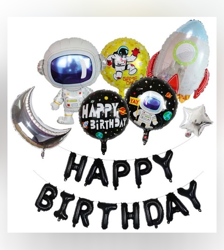 Set baloane aniversare 8 piese, Flippy, tematica HAPPY BIRTHDAY, Figurine Astronaut Racheta, 1 luna, 1 stea, 3 baloane folie, Multicolor