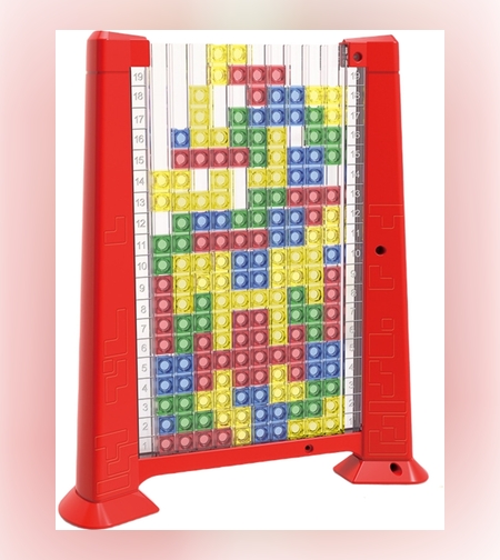 Joc de inteligenta Tetris puzzle tangram Flippy, 70 de piese multicolore, 3D, montessori, interactiv, din plastic, zar inclus, sac depozitare piese, varsta peste 6 ani, 23 x 19.8 x 5 cm, cadru rosu