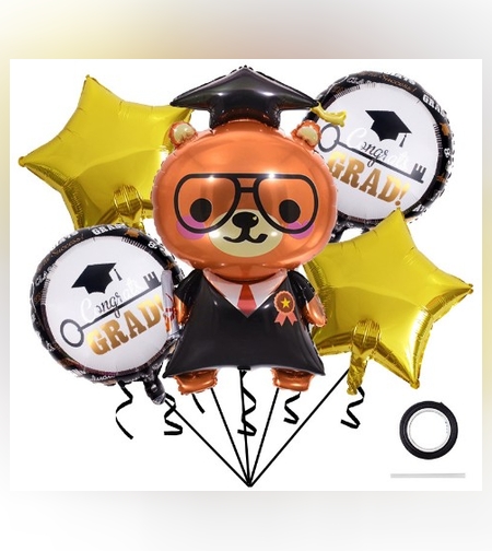 Baloane cu tematica Absolvire, Flippy, set din 5 baloane, 1 Figurina Ursulet, 2 stele, 2 rotunde, din folie de aluminiu, 70 x 40 cm, Aer si Heliu, Auriu Negru