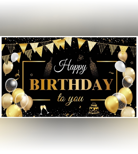 Banner Tip Fundal pentru Poze, Flippy, din Panza, Model Happy Birthday to You, 185 x 110 cm, Sfoara 6 m, Prindere in 4 Colturi, Negru/Auriu