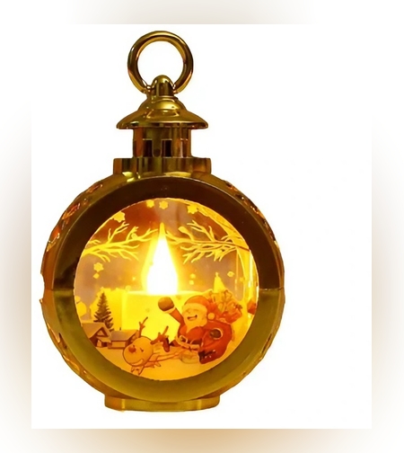 Decoratiune Craciun tip Felinare cu baterii, 13.5 x 9 cm,Lumanare cu geam si inscriptie Mos Craciun cu sanie,lumina alb cald,baterii incluse,Auriu