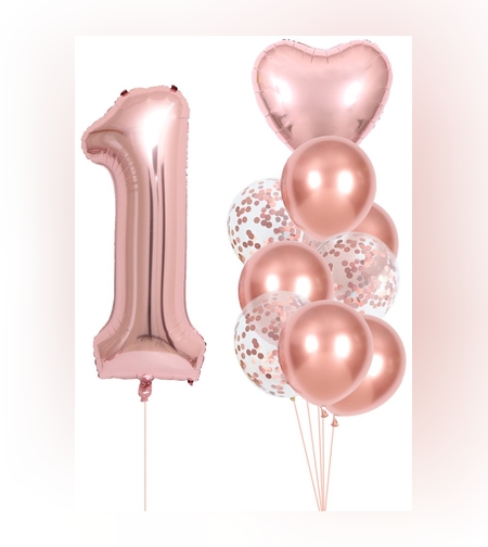 Set 10 Baloane Folie si Latex, Flippy, Tematica Aniversare, Baloane Latex 25cm, Figurina Inimioara 45 cm, Cifra 1 de 81 cm, Ambalaj Individual, Pai Inclus, Umflare cu Aer sau Heliu, Roz Pal