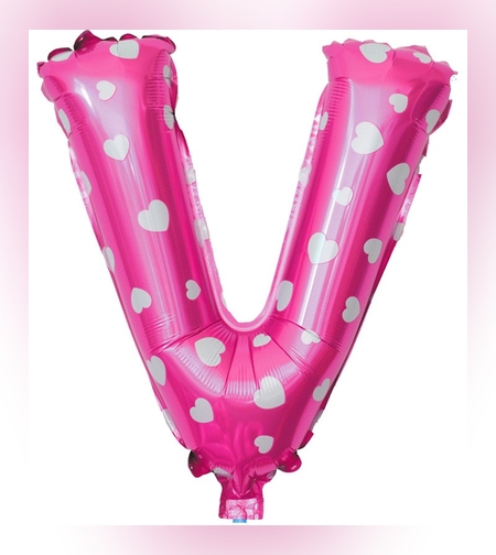 Balon Folie Metalizata Litera V, Flippy, 40 cm, Cu Imprimeu Inimioare, Umflati cu Heliu sau Aer, Ambalaj Individual, Pai inclus, Roz