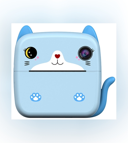 Set Camera Instantanee pentru Copii, Flippy, Ecran HD 2.4'', 24MP, 720P Video, 1200 mAh, cu Functie de Printare Alb-Negru, cablu USB-C, Bluetooth, Compatibil iOS/Android, Imprimare APP, Model Kitty, Albastru