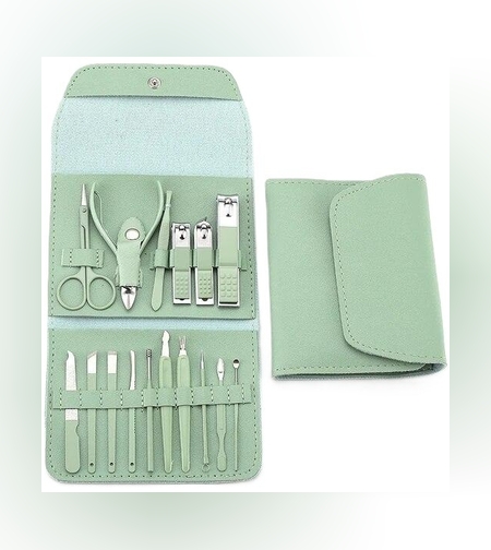 Set 16 Piese de Ingrijire Cosmetica, Flippy, pentru Manichiura, Pedichiura, Fata, Geanta Organizatoare din Piele Ecologica Inclusa, Verde