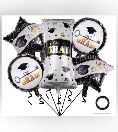 Baloane cu tematica Absolvire, Flippy, set din 5 baloane, 1 Figurina Diploma, 2 stele, 2 rotunde, din folie de aluminiu, 70 x 40 cm, Aer si Heliu, Alb Negru