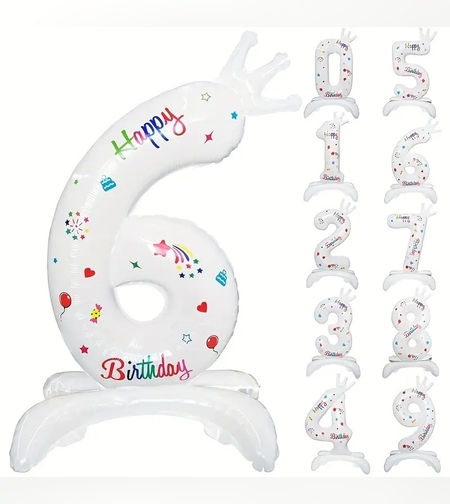 Balon din Folie Metalizata, Flippy, Figurina Cifra, Model 6 cu Happy Birthday Scris, Tema Aniversare 81 cm, Ambalaj Individual, Pai Inclus, Umflare cu Aer sau Heliu, Alb