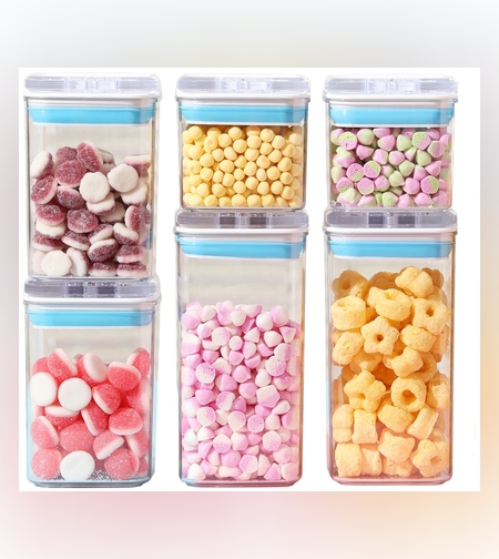 Cutii de Depozitare Alimente, Flippy, Set din 6 Cutii de tip Container, 2x0.5 l, 2x0.8 l, 2x1.2 l, Recipiente pentru Cereale in Bucatarie,  Transparente cu Capac Albastru-Alb