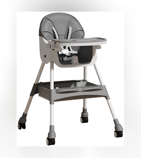 Scaun de Masa pentru Bebelusi si Copii, Flippy, cu Roti, Telescopic, Pliabil, Masuta Reglabila, Suport Picioare, Scaun cu Invelis Piele Artificiala, Centura Siguranta, Spatiu Depozitare, 97x73x65 cm, Gri