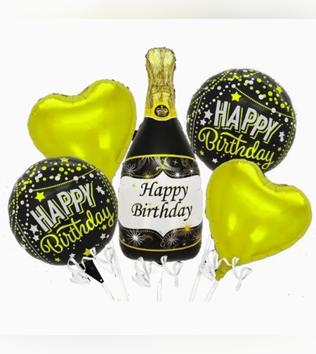 Baloane pentru aniversare, Flippy, tematica Happy Birthday, set 5 baloane, 1 Sticla Sampanie 103 x 94 cm, 2 inimi, 2 rotunde, din folie de aluminiu, pai de carton inclus, Negru Auriu