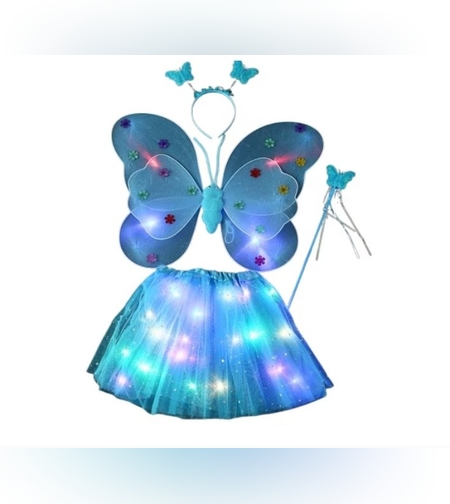 Costum Fluturas cu Aripi Modelabile Luminoase pentru Copii, Flippy, Fusta din Tul cu Lumini, Bagheta si Bentita, 4 piese, Pentru Halloween, Roleplay, Craciun, Carnaval, Paste, Ziua Copilului, Bumbac/Poliester, Marime universala, Albastru