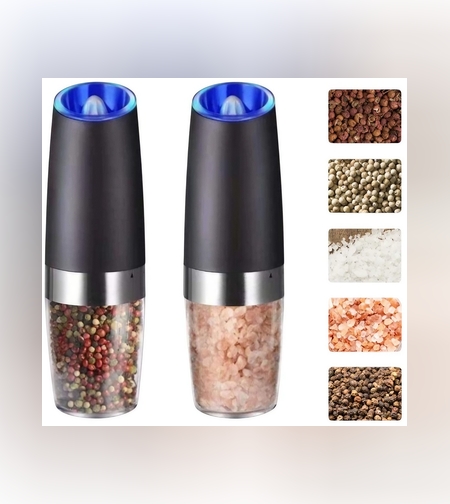 Set de 2 Rasnite electrice de Sare si Piper, Flippy, cu Camere Depozitare Transparente, Macinare, Functionare pe Baterii, cu Lumina, ABS, 20x6.5 cm, Negru/Transparent