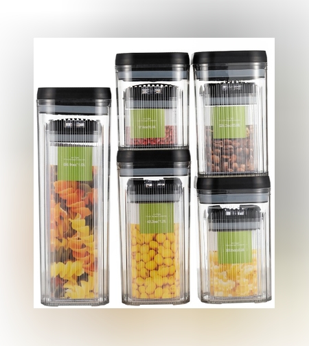 Cutii de Depozitare Alimente, Flippy, Set din 10 Cutii de tip Container, Recipiente pentru Cereale in Bucatarie,  Transparente cu Capac Negru