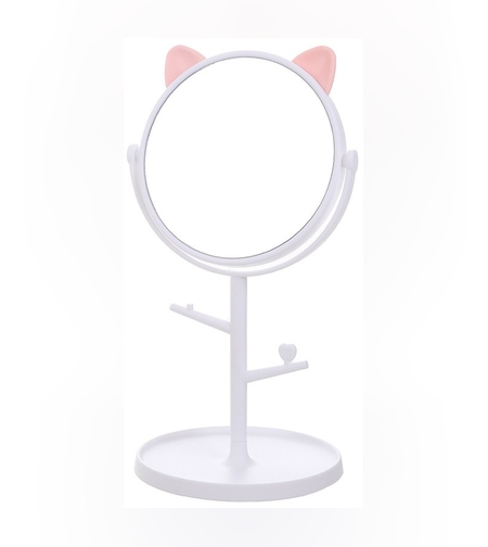 Oglina Cosmetica cu Picior, Flippy, HD, Rotire 360 Grade, 15 cm Diametru, Suport Bijuterii Baza Rotunda + 2 Brate, Model cu Urechi, 31 x 14.5 x 15 cm, din Plastic, Alb