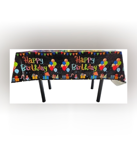 Fata de Masa, Flippy, din Folie, Imprimeu Happy Birthday cu Baloane, 137 x 183 cm, Negru