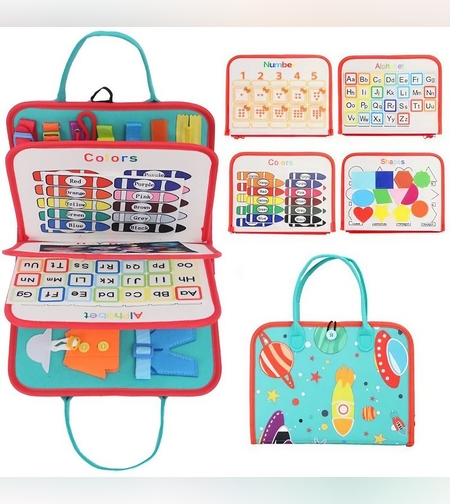 Carte Senzoriala Educativa Montessori, Flippy, cu Activitati, Dezvoltare Abilitati Motorii, 4 Pagini, Model Spatiu Cosmic, 28x22x7 cm, Albastru