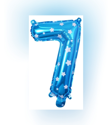 Balon din Folie Metalizata Flippy, Figurina Cifra, Imprimeu Stele, Tema Aniversare 80 cm, Ambalaj Individual, Pai inclus, Umflare cu Aer sau Heliu, Albastru, Cifra 7