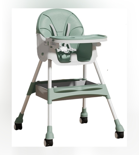 Scaun de masa pentru bebelusi si copii Flippy, cu roti, telescopic, pliabil, masuta reglabila, suport picioare, scaun invelis piele artificiala, centura siguranta, spatiu depozitare, 97 x 73 x 65 cm, verde