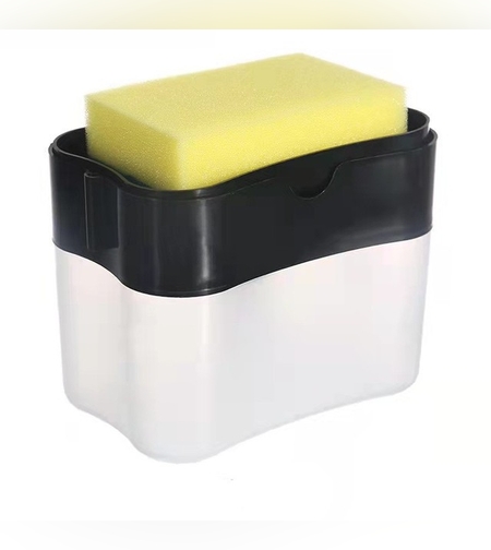 Dozator Flippy, Dispenser 2 in 1 pentru Detergent Lichid de Vase sau pentru Obiecte Sanitare cu Suport pentru Burete de Bucatarie ,14 x 10.5 x 10 cm, capacitate 380 ml, negru