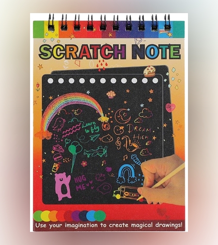 Caiet cu fise razuibile Flippy, DIY Magic Scratch, 12 File, Curcubeu, Creion din Lemn, Cartonase negre, 14 x 10 cm, galben
