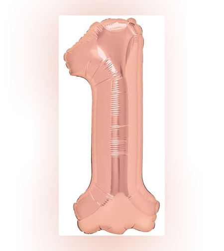 Balon din Folie Metalizata Flippy, Figurina Cifra, Tema Aniversare 40 cm, Ambalaj Individual, Pai inclus, Umflare cu Aer sau Heliu, Rose Gold, Cifra 1