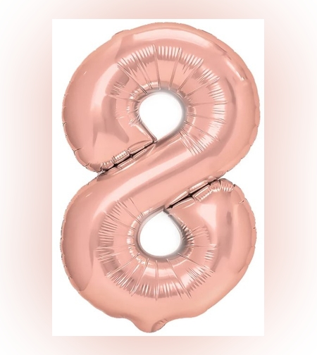 Balon din Folie Metalizata Flippy, Figurina Cifra, Tema Aniversare 40 cm, Ambalaj Individual, Pai inclus, Umflare cu Aer sau Heliu, Rose Gold, Cifra 8