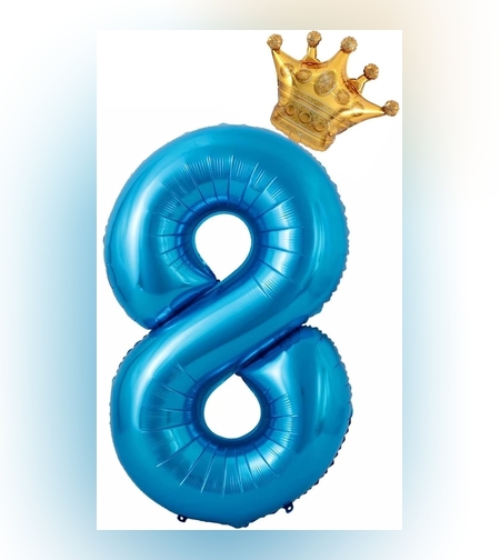 Balon din Folie Metalizata Flippy, Figurina Cifra si Coroana, Tema Aniversare 100 cm, Ambalaj Individual, Pai inclus, Umflare cu Aer sau Heliu, Albastru, Cifra 8