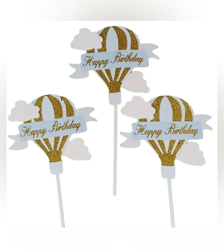 Set 3 Toppere pentru Tort, Flippy, Model Balon cu Aer Cald Happy Birthday, Tematica Aniversare, Albastru
