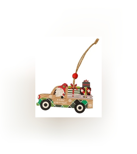 Decoratiune de Craciun din Lemn, Flippy, cu Snur pentru Agatare in Brad, Model Masina lui Mos Craciun, Scris Merry Christmas, 8x8x0.4 cm, Multicolor