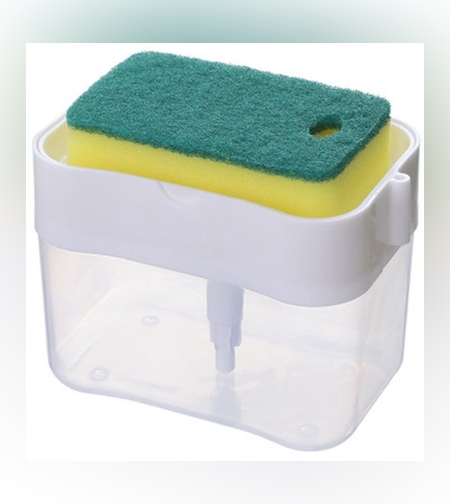 Dozator Flippy, Dispenser 2 in 1 pentru Detergent Lichid de Vase sau pentru Obiecte Sanitare cu Suport pentru Burete de Bucatarie ,14 x 10.5 x 10 cm, capacitate 380 ml, alb